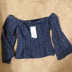 Zara Navy Blue Textured Top with White Threading